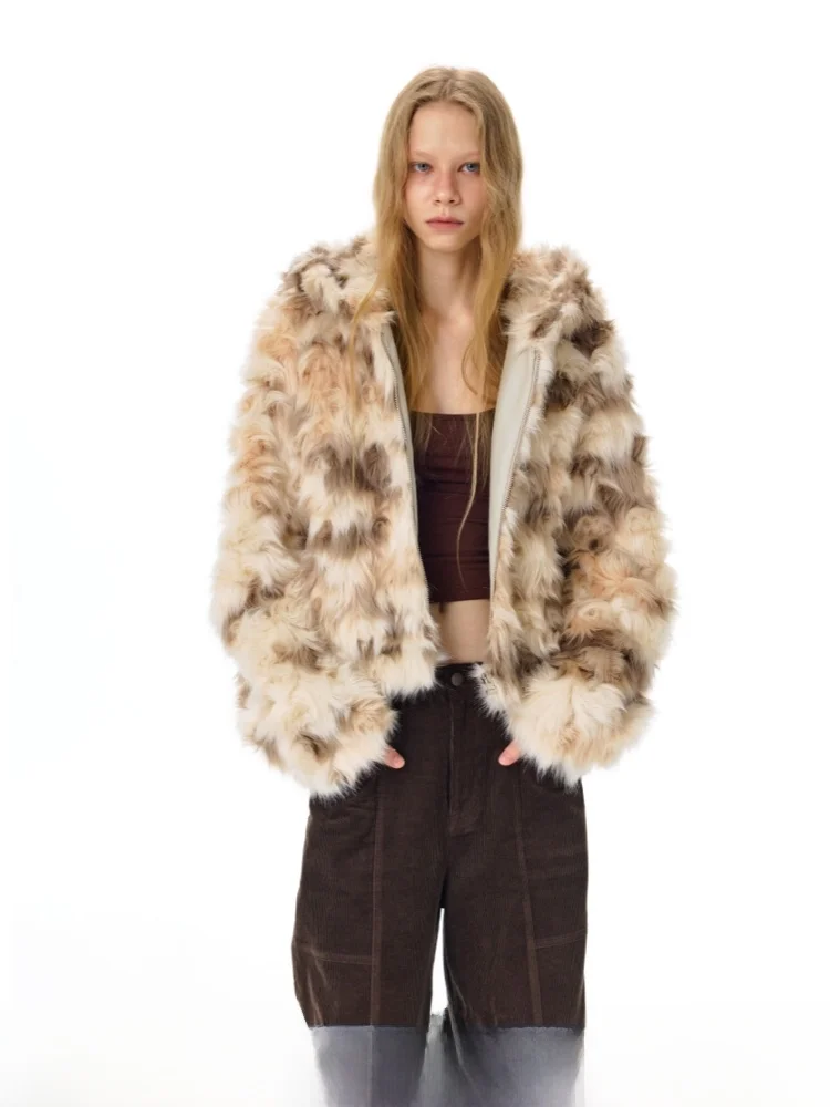 

Brown Floral Print Fur Coat with Hood Eco-friendly Long Sve ort Sle Commute Faion Women's Outerwear Winter Season