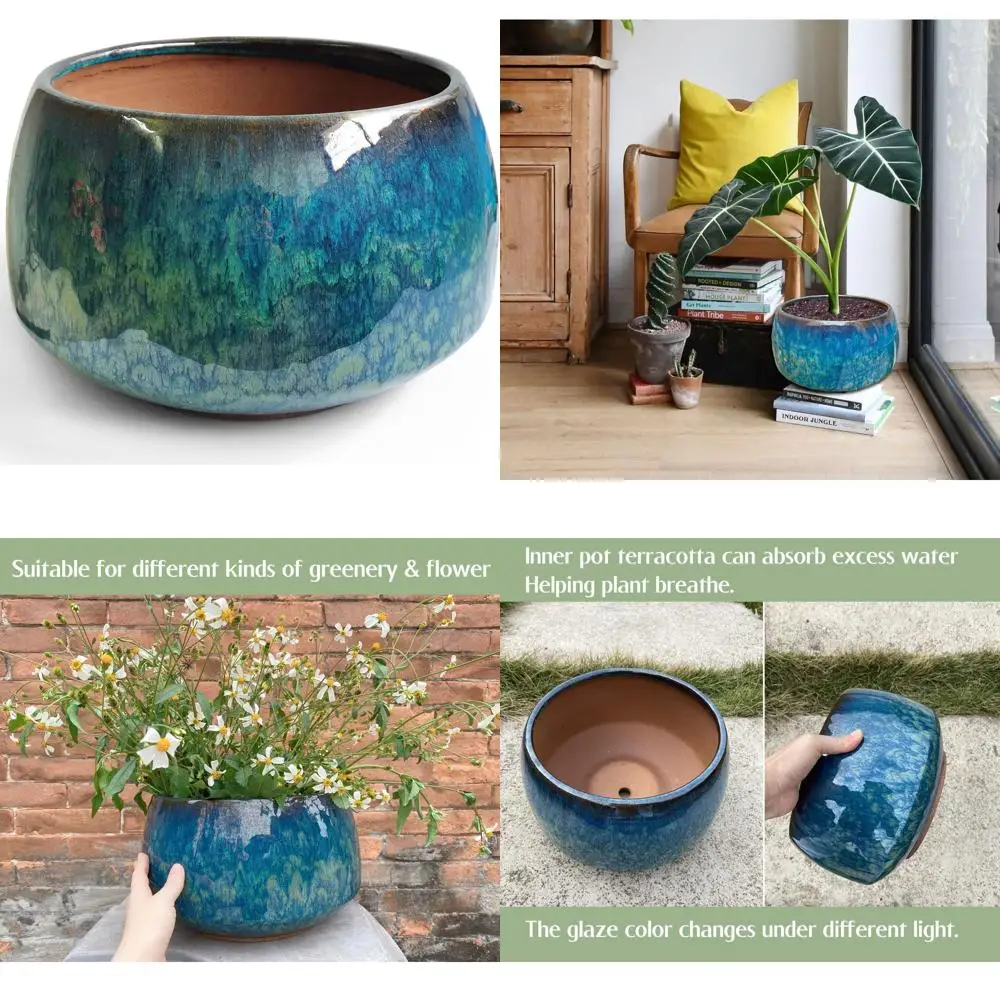 

Реактивная глазурь павлина, 11 дюймов, Ceic Plant Pot, большой сине-зеленый кашпо Artisan, нижний горшок с дренажным отверстием, дышащее растение