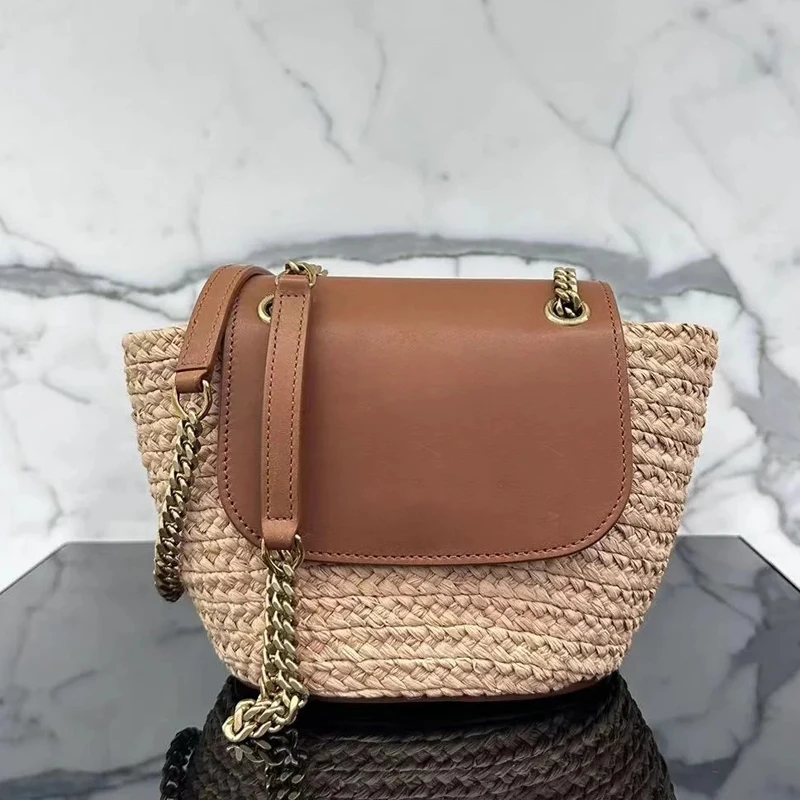 Straw Woven Bag Patchwork Genuine Leather Luxury Old Bucket Bag Ladies 2024 New Chain Design Holiday Mini Crossbody Shoulder Bag