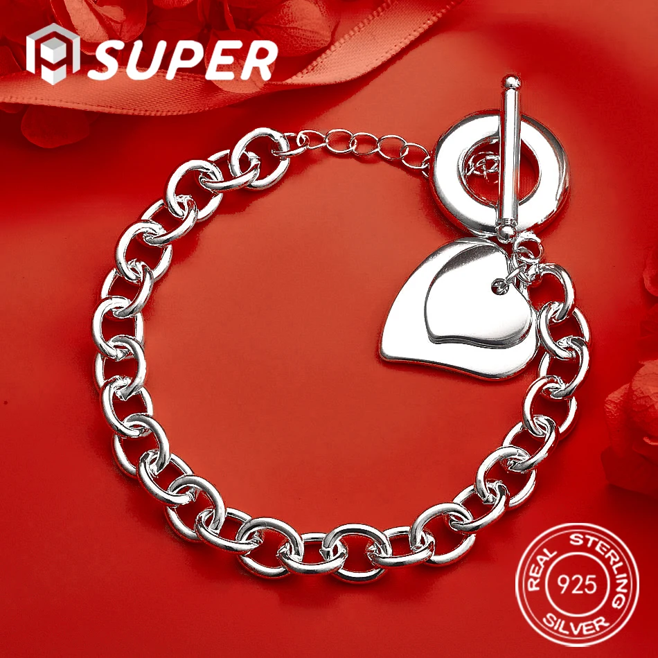 

ALISuper 925 Sterling Silver 8-inch Exquisite Heart-Shaped Bracelet for Women, Stylish Engagement Accessory Gift