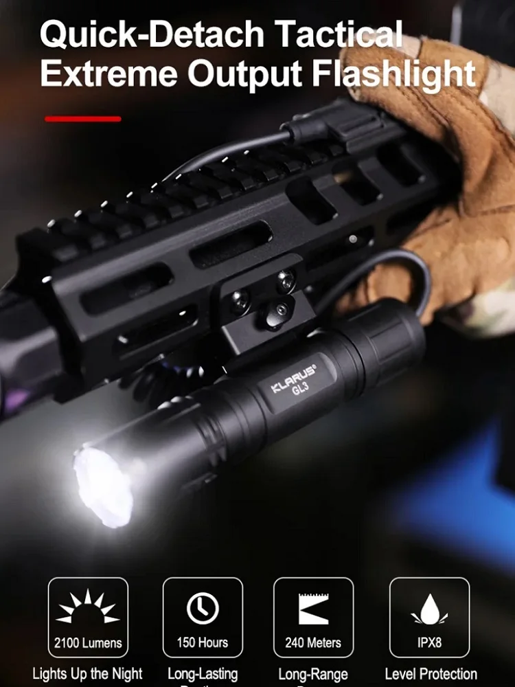 

Klarus Tactical Flashlight LED 2100LM Rechargeable Torch with Removable Slide Rail Mount and Remote Switch for Hunting Camping