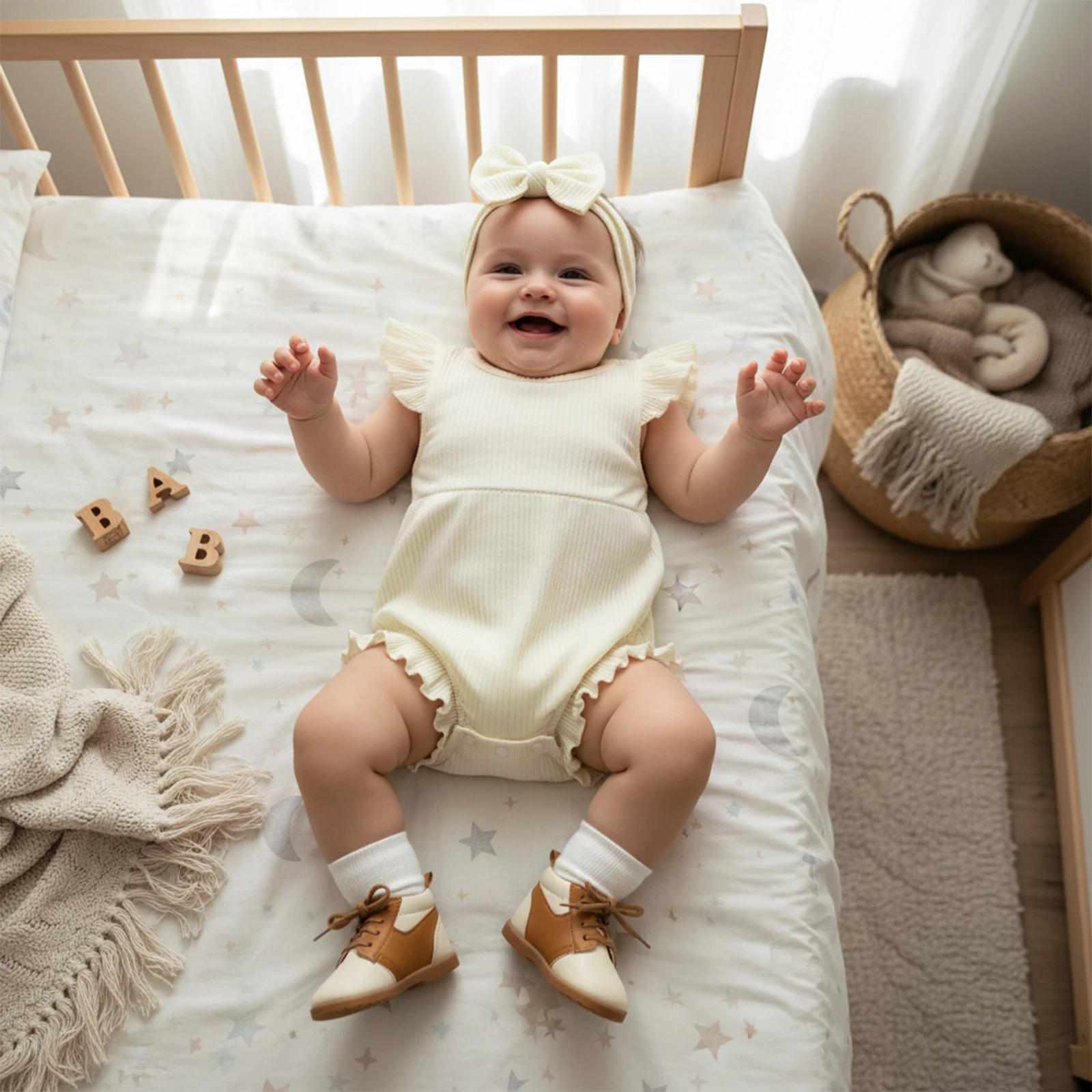 Newborn Girl Solid Color Ruffles Bodysuits Fly Sleeve Crew Neck Lace Romper with Hairband Solid Summer Clothes
