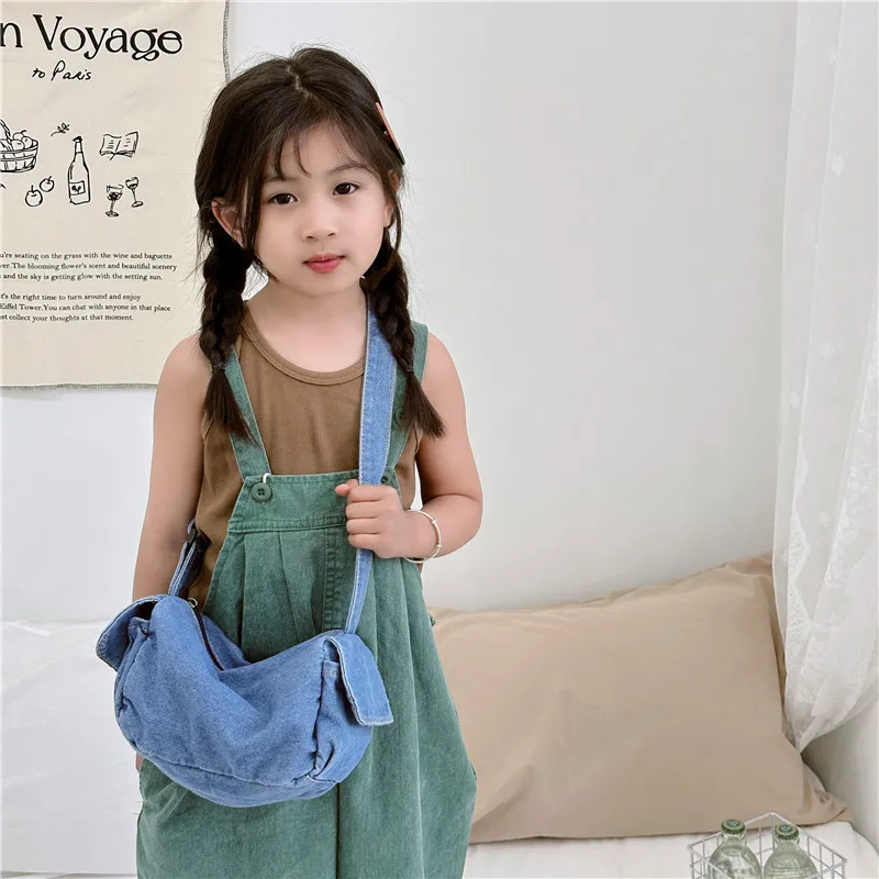 Vintage Denim Children's Messenger Bag Solid Color Boys Kids Travel Shoulder Bags Simple Girls Handbags Canvas Crossbody Bag