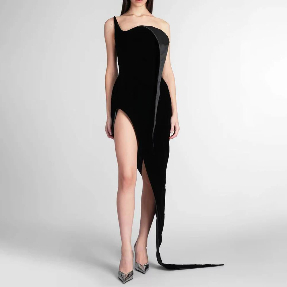 

KSDN Elegant Evening Dresses Formal One-Shoulder Sleeveless Chapel Train Gowns Special Occasion Customzied Velvet Dress Vestidos
