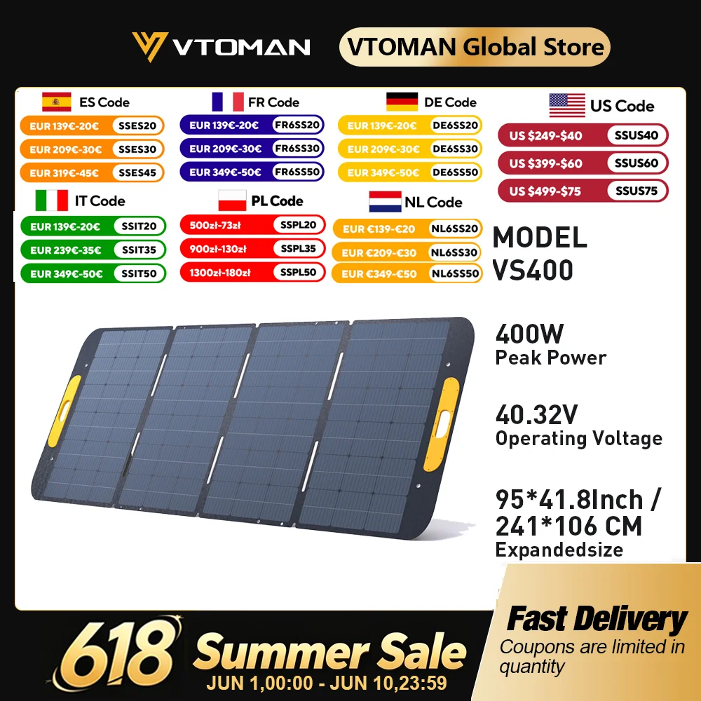 VTOMAN VS400W Foldable Solar Panel 40.32V High Efficiency Portable Solar Charger for Outdoor Power Station