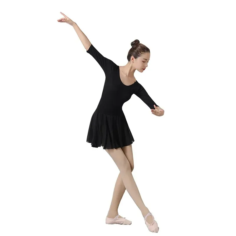 2025 gymnastique Ballet danse voile jupe femme adulte danse pratique costume noir saut costume à manches courtes corps costume