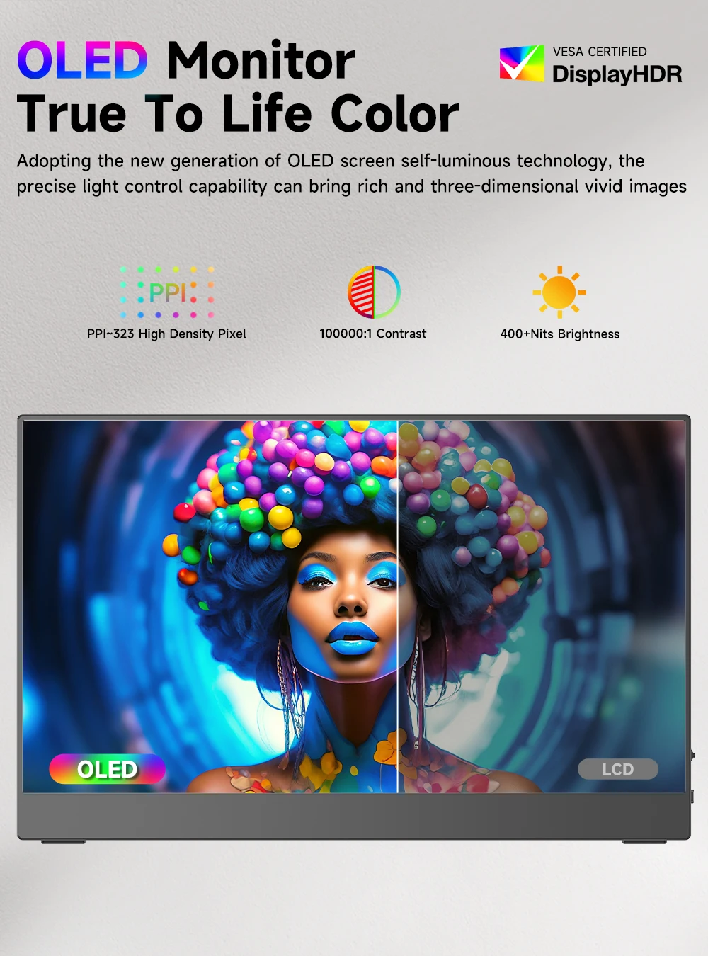 شاشة ألعاب محمولة فائقة الجودة 4K OLED مقاس 13.3 بوصة بدقة 3840*2160 ووقت استجابة 1 مللي ثانية و400 شمعة في المتر المربع و100% DCI-P3 100000:1 بتصميم نحيف للغاية لأجهزة الكمبيوتر المحمولة وأجهزة الكمبيوتر الشخصية الصغي