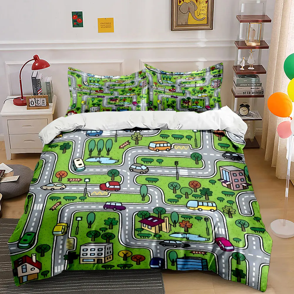 Complex roads with vehicles Bedding Set for Kids Luxury Gift 3pcs Digital Print Comforter Set Soft Comfortable Breathable