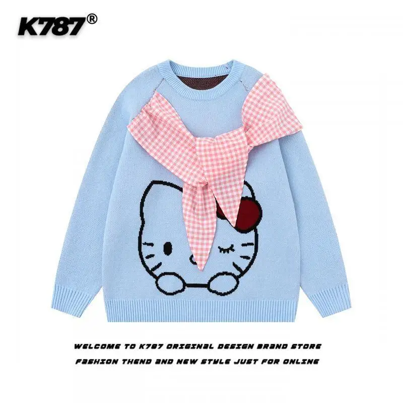 

Sanrio Hello Kitty women's Pullover Sweater Knitted For Autumn Winter American Vintage Cartoon Round Neck Plaid Tie Loose Fit