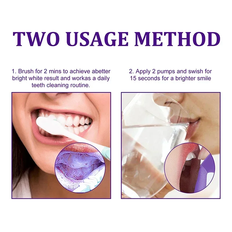 Mousse nettoyante pour les dents, presse en bouteille violette, dentifrice, réétiquettes, haleine, enlever SAF, SAP, jaunissement, soins buccaux, nouveau, V34, 30ml