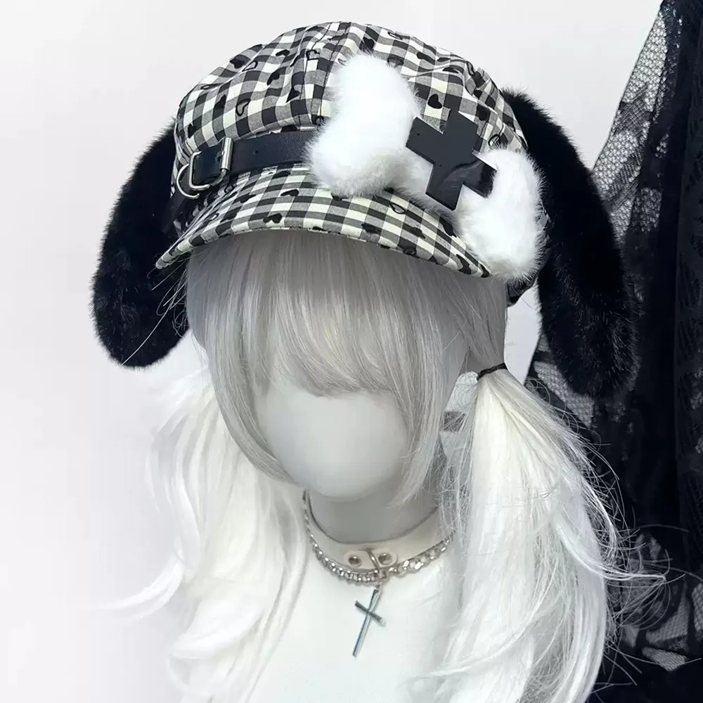 Women Harajuku Gothic Women's Beret Lolita Kawaii Hat Cap Y2K Girl Pluse Bone Cross Punk Dot Fleece Cute Ear Retro Plaid Hats