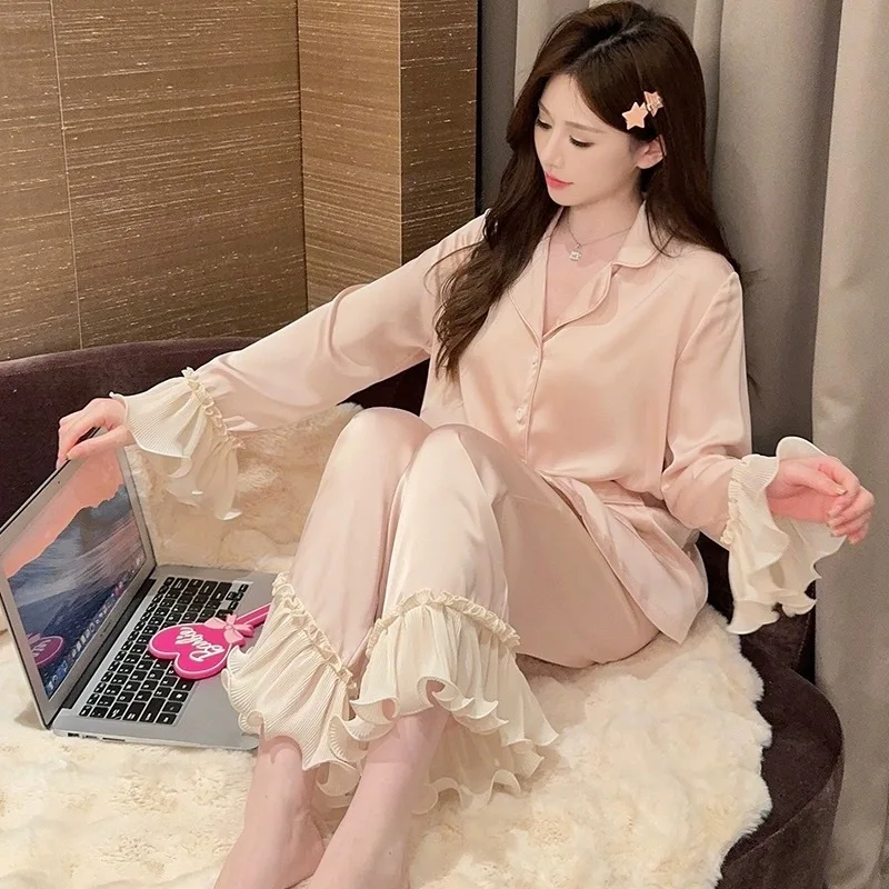 Spring Women Pajamas Set Elastic Waist Trouser Sleepwear Home Clothes Long Sleeve Pijamas Suit Rayon Satin Nightwear Loungewear