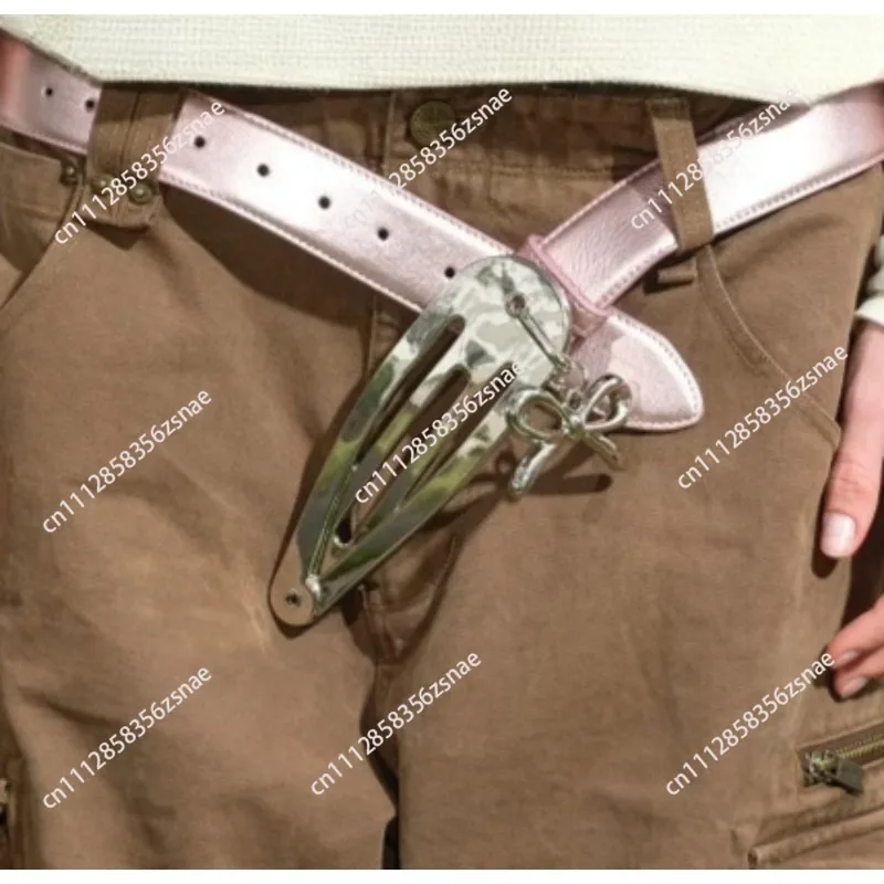 Niche Trendy Christmas Gift, Shiny Pink Genuine Cowhide Belt With Removable Bow Charm Hair Barrette