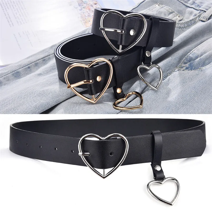 Women\'s Cute Leather Belt Metal Heart Shape Buckle Retro PU Waistband Designer Fashion Cinto Feminino Pants Strap for Women