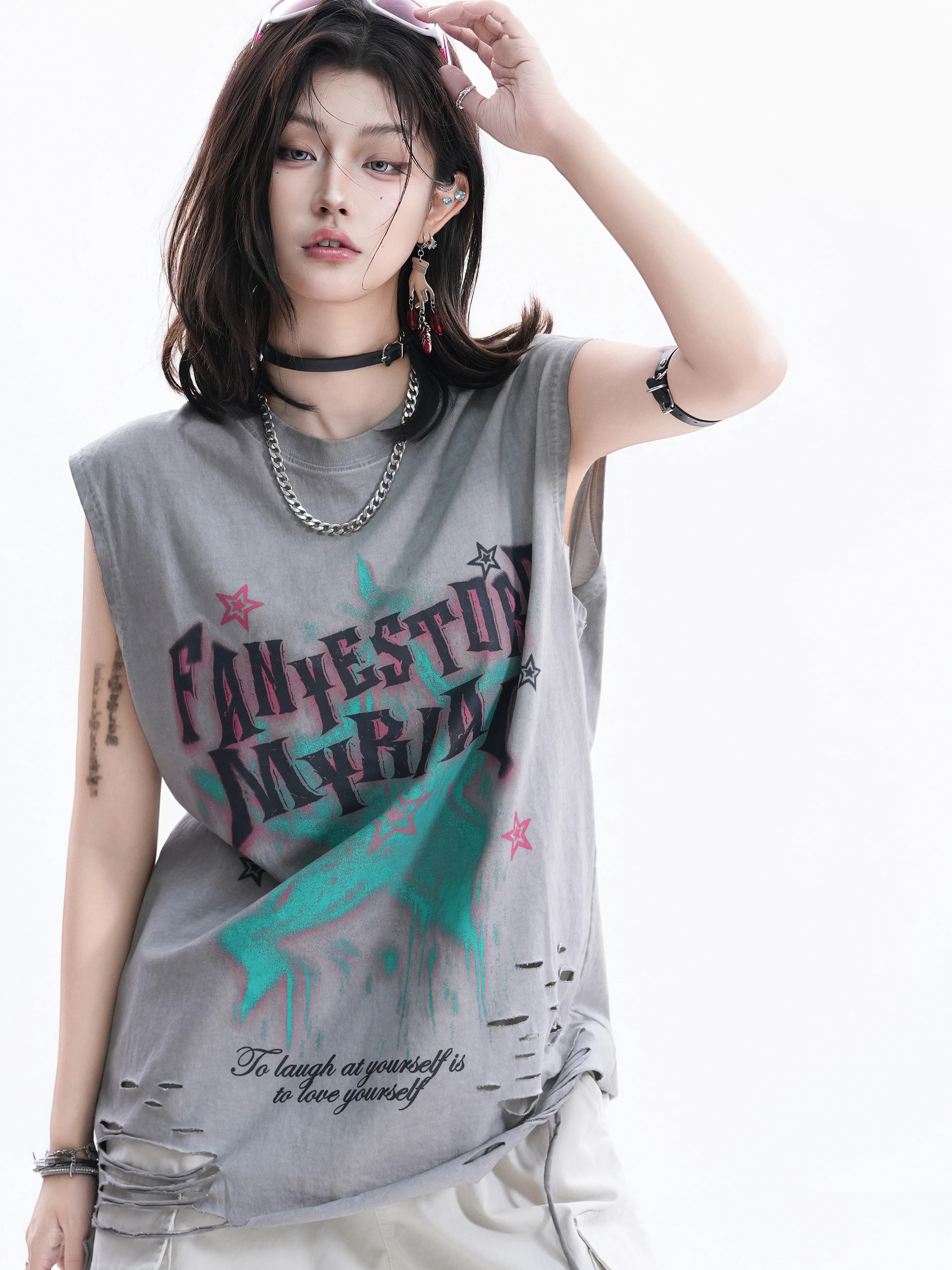 Small Ball American Gothic Star Sleeveless Vest Women's Loose Fit Hole Letter Print Street Couple Top Cotton round Neck