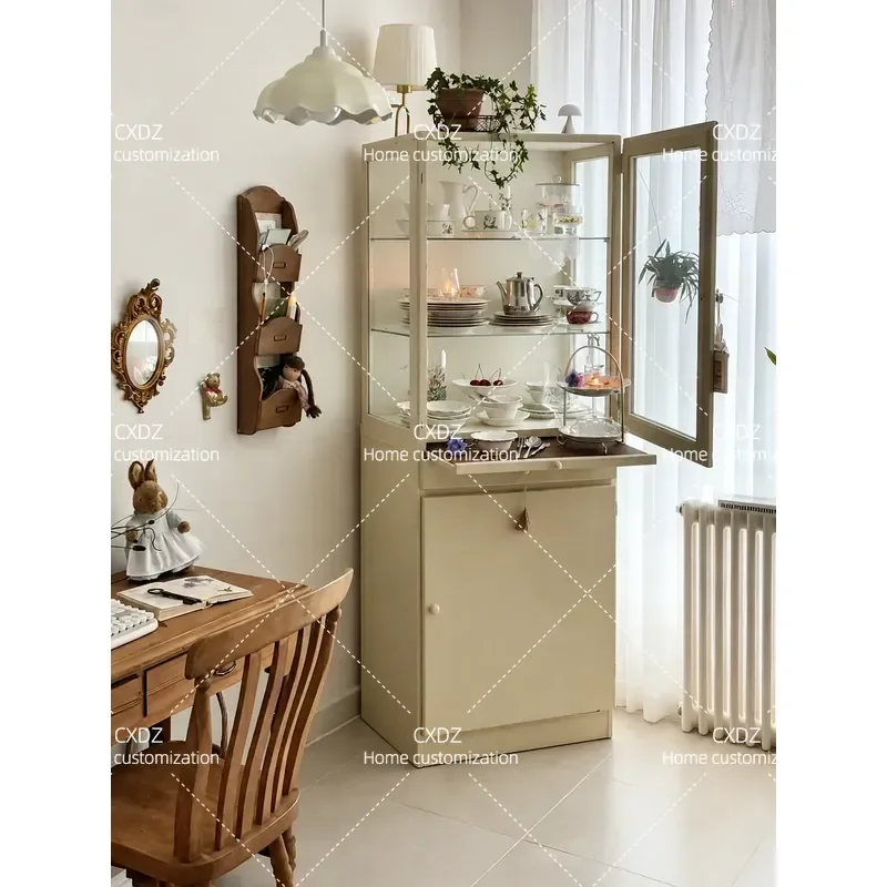Simple cream style solid wood dining side cabinet French locker glass display figure cabinet medieval storage cabinet