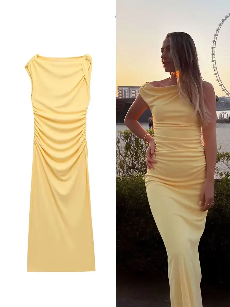 HH Weibliche Sommer Elegante Midi Kleider Ärmellose Oansatz Solide Falten Schmücken Zipper Fly Schlitz Mode Asymmetrische Chic Kleid