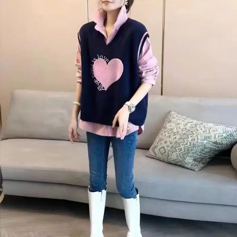 2023 Autumn/Winter Korean Edition New Knitted Vest+Shirt Women's Two Piece Set Small and Fashionable Reduce Age