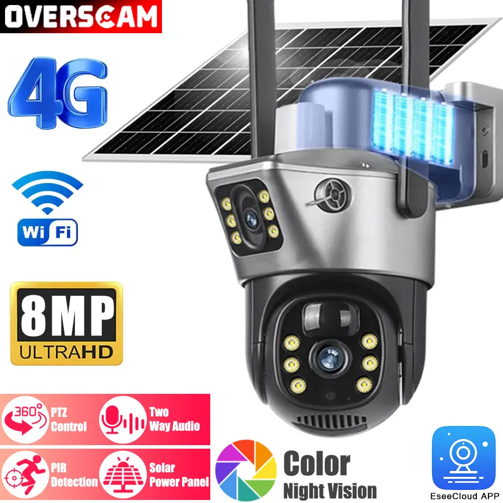 

Wifi/4G SIM Solar PTZ Camera Outdoor 4K 8MP Dual Lens Color Night Vision IP Surveillance Camera Security Protection PTZ CCTV Cam