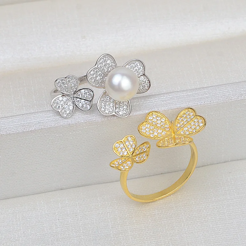 S925 Sterling Silver Adjustable Finger Ring Mountings Base Setting Findings Jewelry Mount Accessories for 5-6mm Pearls 3pcs/lot