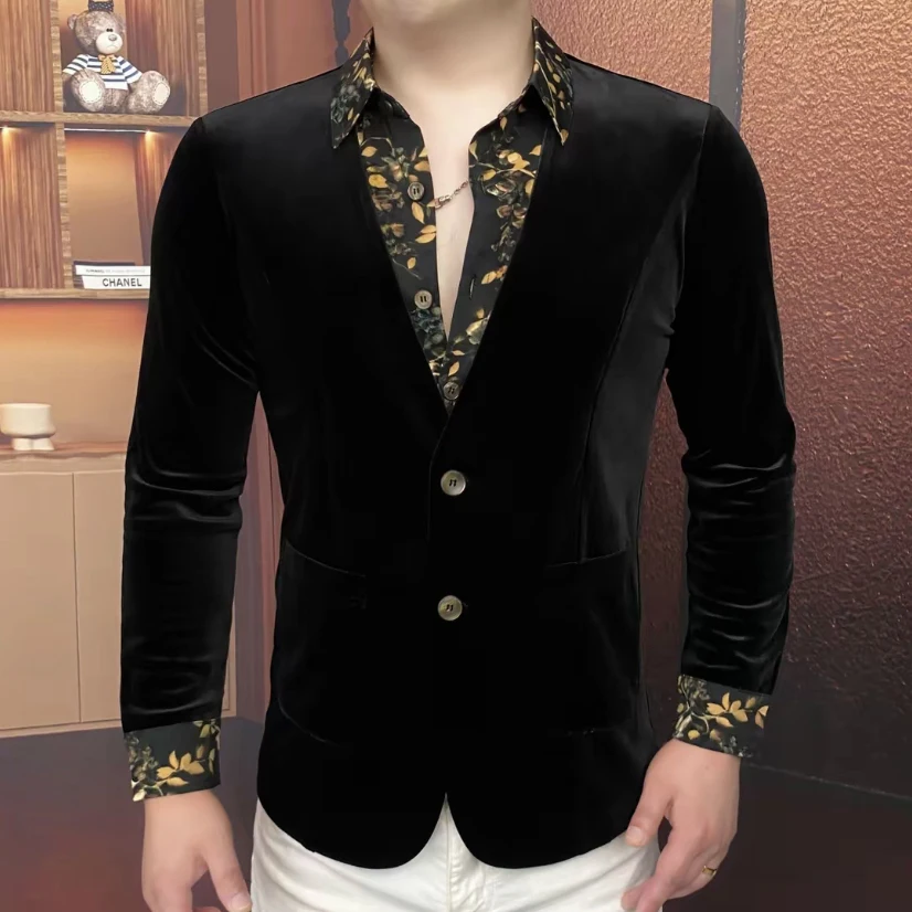 

Autumn Shirt Collar Velvet Suit Jacket Fake Two Slim Fit Casual Business Men Blazers Elastic Comfortable Social Banquet Jackets
