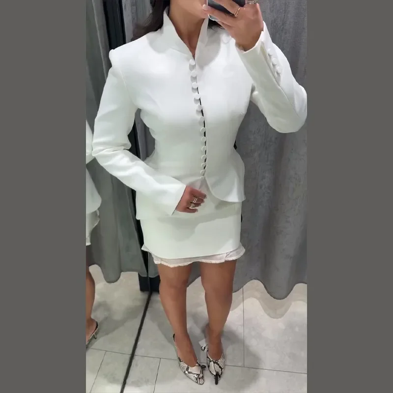 Eleganter, schmaler Blazer mit Knöpfen für Damen, schwarz, einreihig, V-Ausschnitt, lange Ärmel, Damenmäntel, Herbst/Winter 2026, Damenoberbekleidung – Detail 5