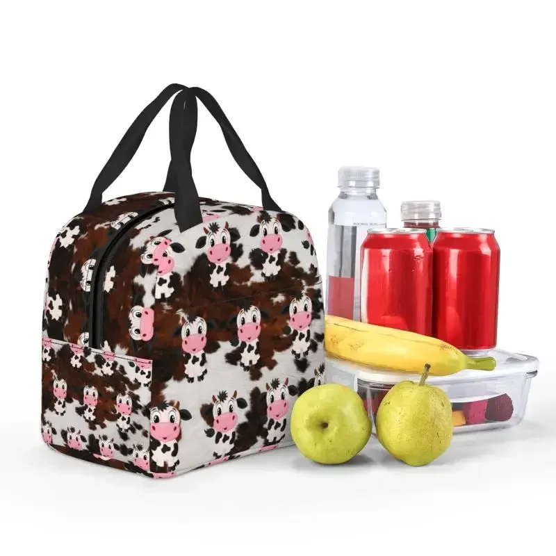 Bolsas de almuerzo con aislamiento de vaca lechera de dibujos animados para acampar, viajar, refrigerador impermeable, caja térmica Bento para mujeres y niños