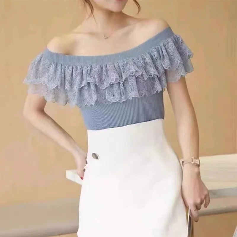 

Women's Clothing Summer Sexy Off Shoulder Ruffles Lace Patchwork Ice Silk Knitwear Elegant Fashion Solid Short Sleeve Slim Tops