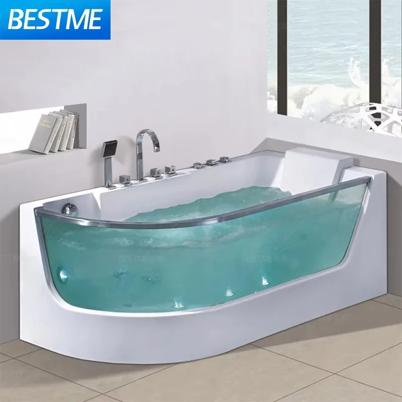 Modern Transparent Acrylic Eco-Friendly Apartment Massage Bathtub With Corner Whisper Whirlpool System And Drainer