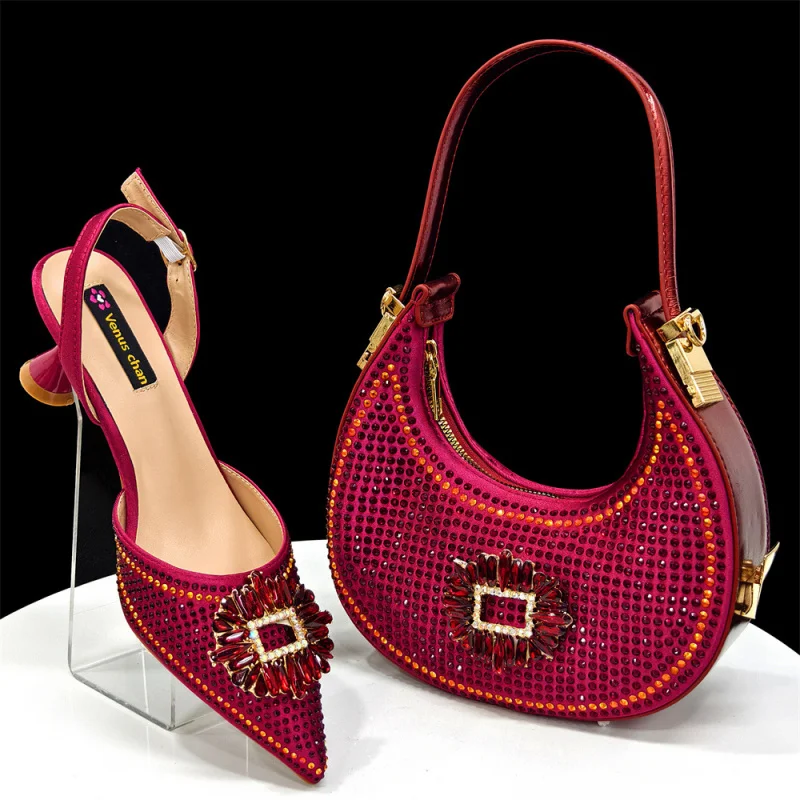 Women's Pointed-Toe Shoe and Bag Set with Rhinestone Buckle Decoration, Fashionable and Simple for Banquets