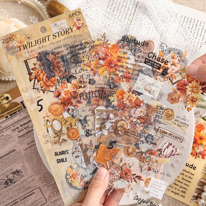 6 Sheets/pack Vintage Sticker Pack Die Cut Waterproof PET Journal Blossom Lace Scrapbook DIY Decorative Diary Album Material