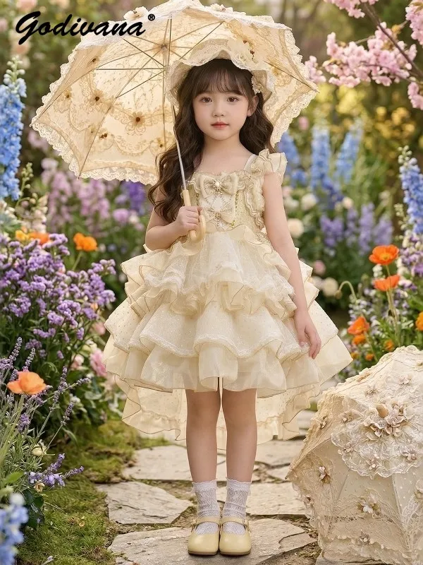 

Sweet Baby Girls High End Lolita Princess Dress Summer 2026 New Kids Ruffled Tulle Hi-Lo Hem Sequin Bow Train Layered Party Gown