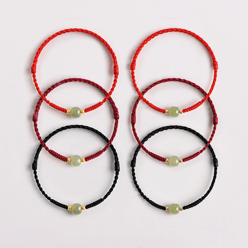 Handgemachte Größe anpassen Jade Perlen rot/schwarz Seil gewebt Liebhaber Armbänder Frauen Männer Glück Armband Schmuck – Detail 1