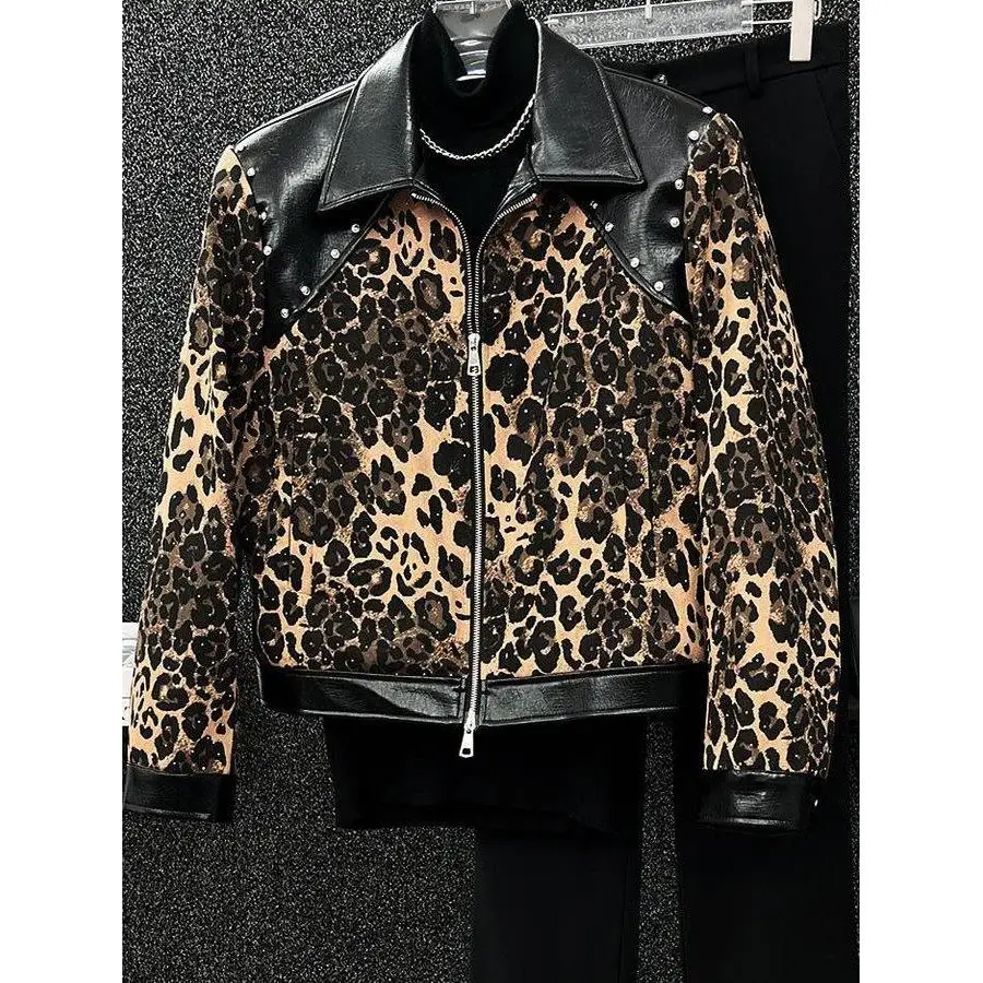 

Модная мужская куртка с леопардовым принтом на воротнике, дизайнерская, с бриллиантовой отделкой, кожаными вставками, осенне-зимняя, повседневная, стильная