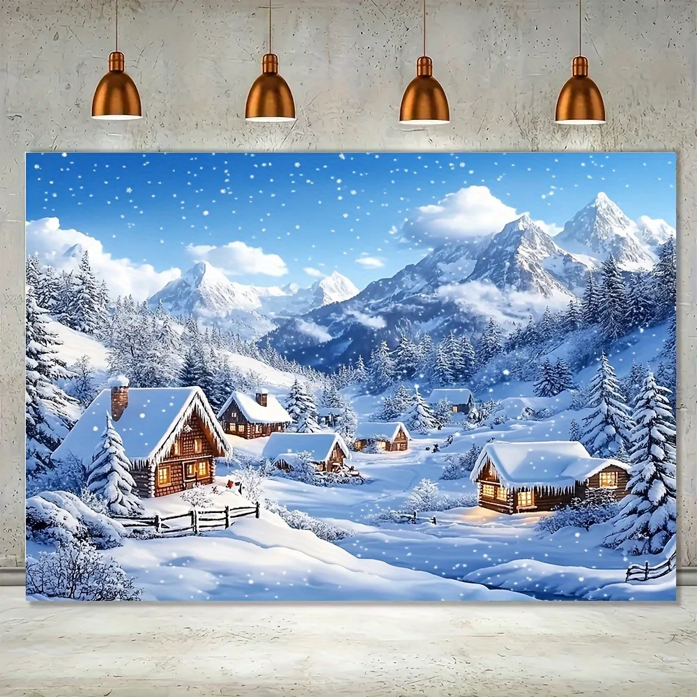Ein Winter-Weihnachtsdorf-Polyester-Hintergrund mit schneebedecktem Hütte, geeignet für eine festliche Party-Dekoration