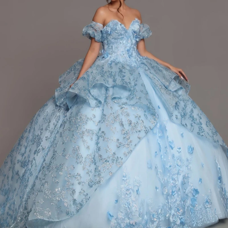 

Sky Blue Shiny Quinceanera Dresses Off The Shoulder Applique Lace Beads Corset Tull Party Birthday Sweet 16 Dress Vestidos 15