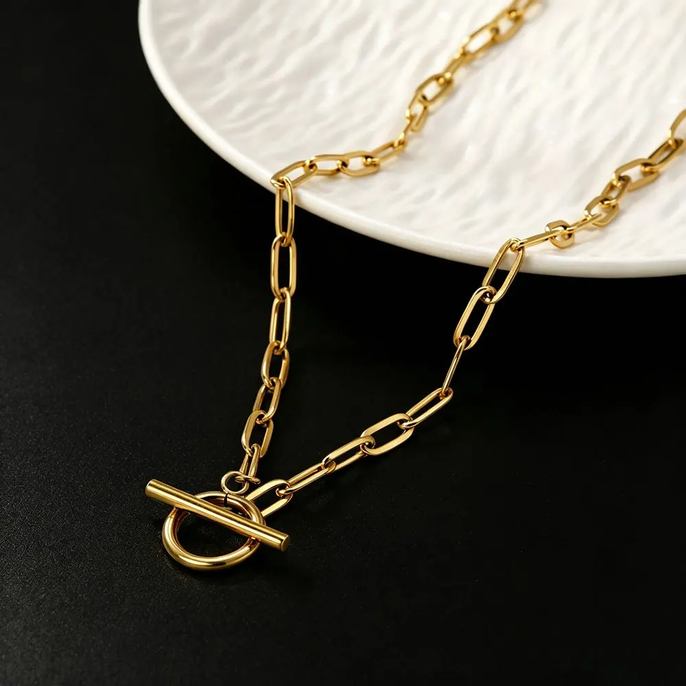 Thick Paperclip OT Clasp Necklace 316L Stainless Steel Gold Minimalist Unisex Chunky Chain Collarbone Jewelry view 6