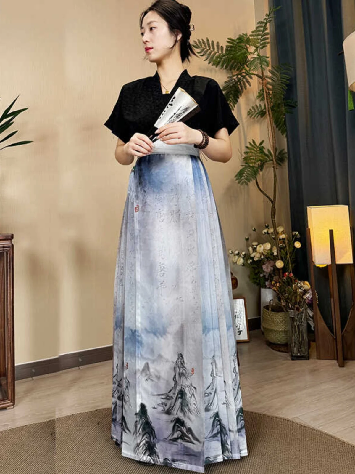 

Юбка А-силуэта с высокой талией Qingyuan Xin Guo Feng Jiangan, летняя повседневная юбка с шлейфом, скрывающая живот, стройнящая, в стиле Ханьфу