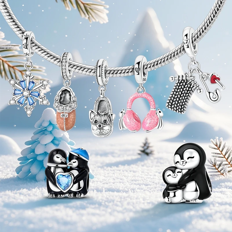 Abalorios de plata de ley 925 originales, cuentas de copo de nieve de invierno, muñeco de nieve, pingüino Igloo, colgante apto para pulsera, dijes, regalo de joyería para mujer