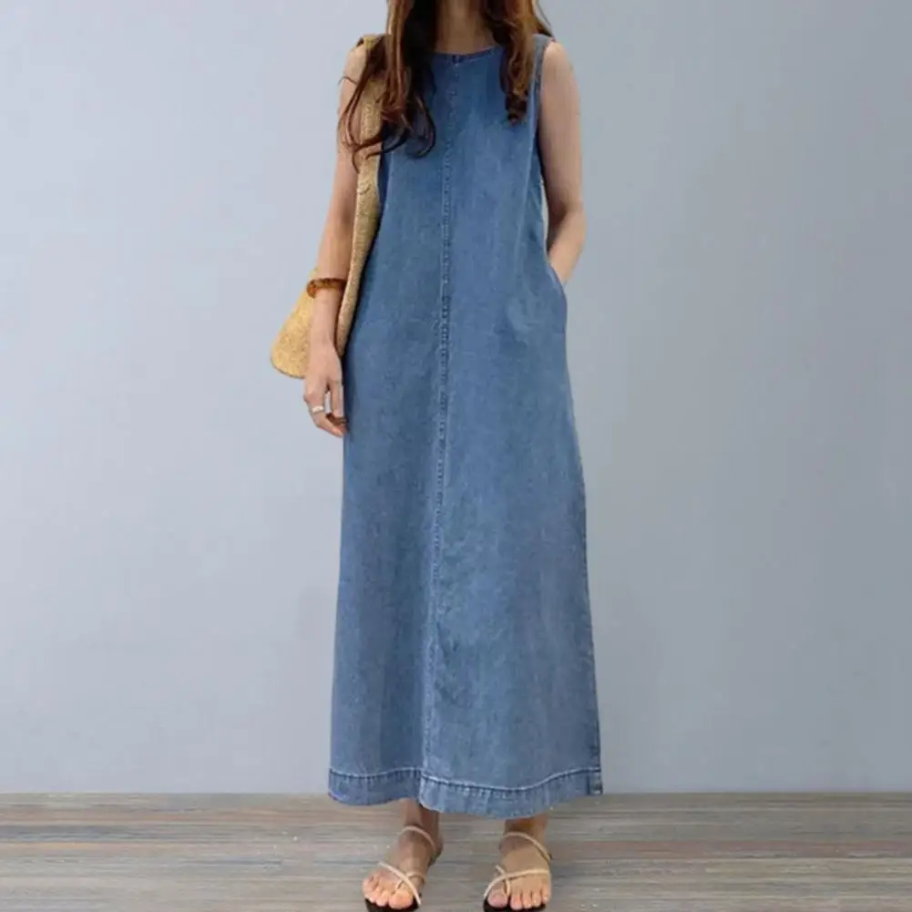 Wygodna sukienka z tkaniny Elegancka sukienka maxi z kieszeniami dla kobiet Jednolity kolor O Szyja do kostek Lady Dating Dress Soft