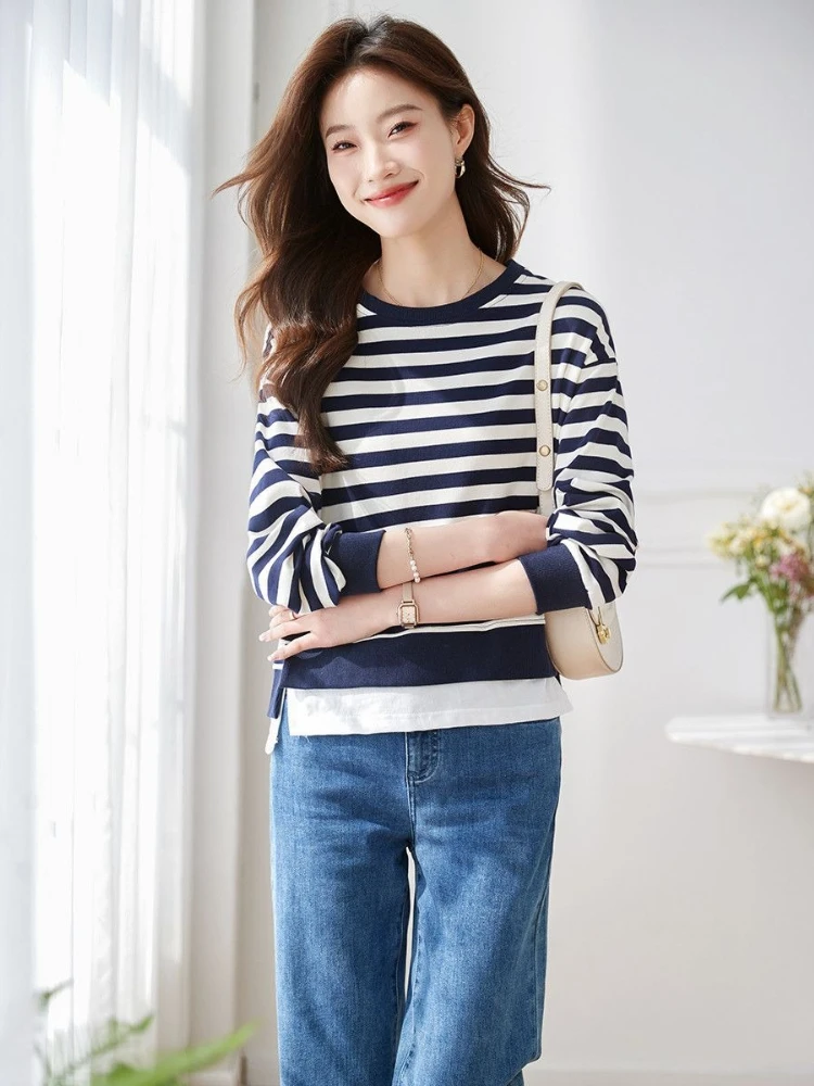 Women Striped Crew Neck Knit Patchwork Sweatshirt Layered Look Long Sleeve Casual Spring Autumn Streetwear Tops