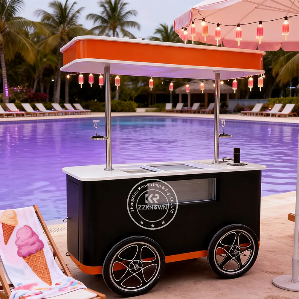 Mobile Freezer Ice Cream Cart Fruit Cart with Sink Ice Cream Display Case on Wheels