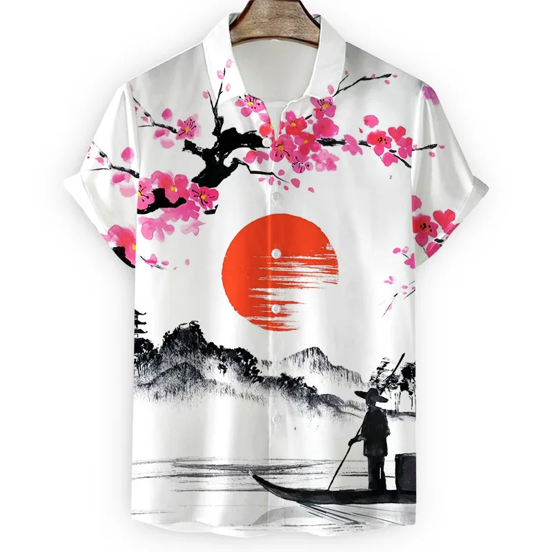 

Summer men's minimalist casual 3D printed flip collar shirt Hawaii thin top