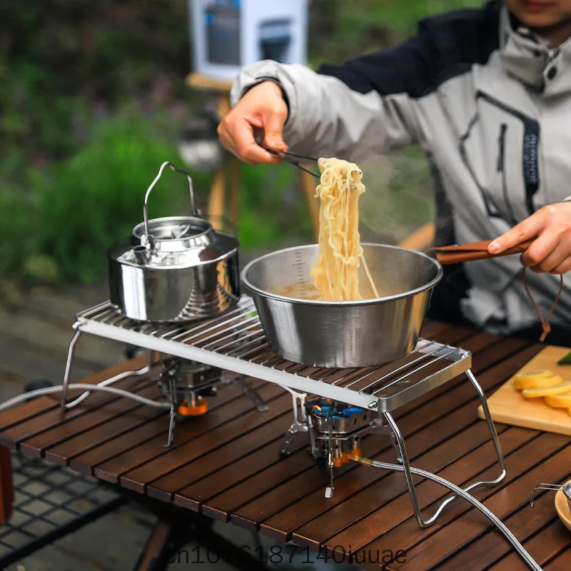 Outdoor Extended Stainless Steel Stove Head Bracket, Portable Set Pot Baking Tray Folding Bracket, Grill Net Barbecue Grill