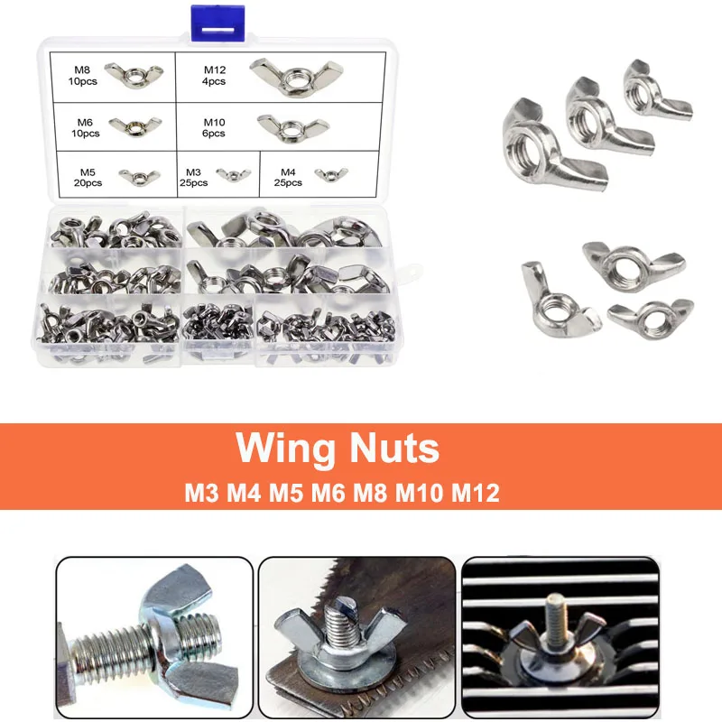 

M3 M4 M5 M6 M8 M10 M12 Wing nuts 304 Stainless Steel Butterfly Wing-Nuts Assortment Kit Hand Twist Tighten Nuts Fasteners 100pcs