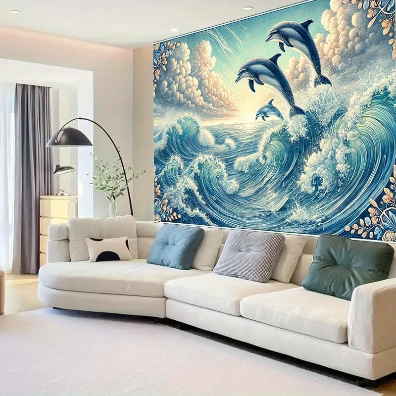 قطعة واحدة من نسيج موجة دولفين المحيط، قماش بوليستر، قابل للغسل في الغسالة، مناسب لتزيين غرفة النوم وغرفة المعيشة