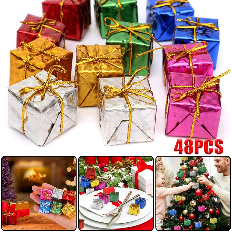 48/12PCS Mini Gift Box Christmas Ornament Small Square Foam Gift Gift Box Christmas Tree Hanging Decoration Wedding Party Decor