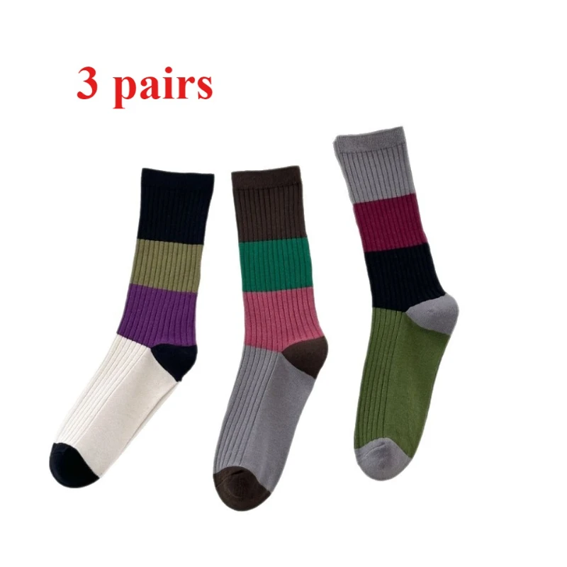 

3 пары осенне-зимних полосатых носков с цветными блоками, дофаминовые носки средней длины в стиле ретро, корейские носки из чистого хлопка в полоску