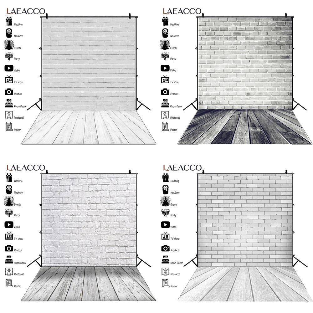 Laeacco White Brick Wall Wooden Floor Photography Backdrops Photo Backgrounds Baby Newborn Portrait Photozone For Pet Doll Toy