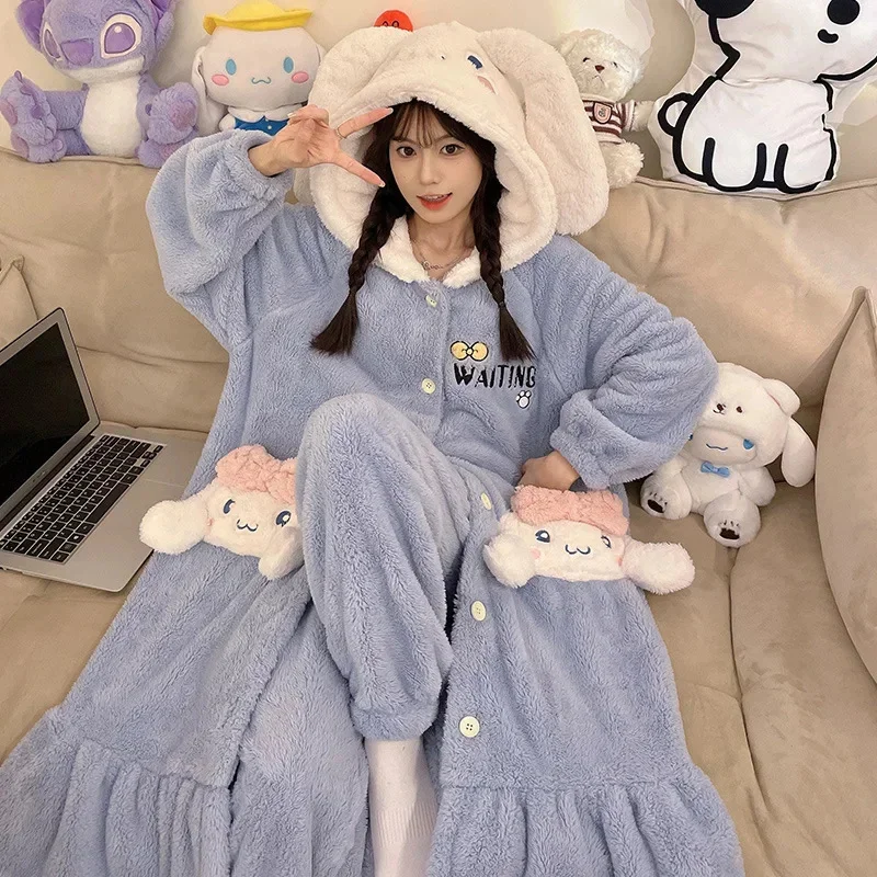 Kawaii Sanrio Hello Kitty Hooded Pajamas Suit Cute Cinnamoroll Cartoon Coral Fleece Nightgown Pants Two Piece Sets For Women